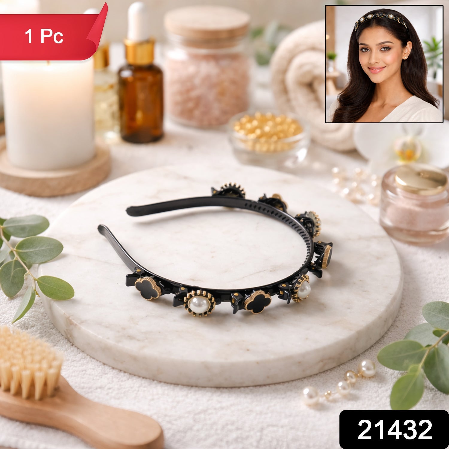 Premium Decorative Headband Stylish Black & Gold Finish Hair Band (1 Pc)