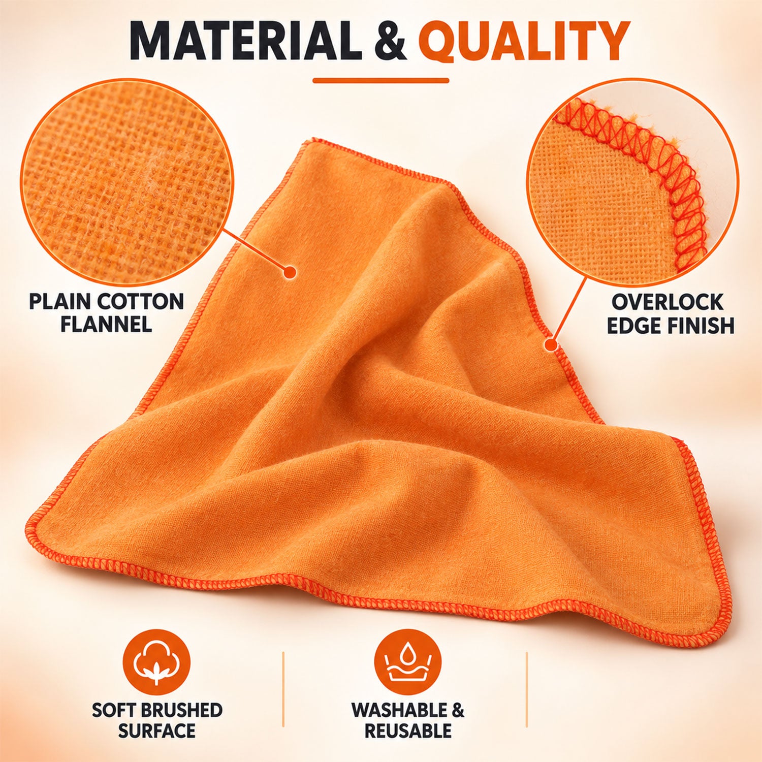 A close-up of a folded orange flannel cloth with a red overlock edge finish, highlighting material details.