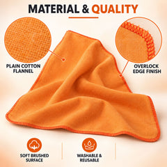 A close-up of a folded orange flannel cloth with a red overlock edge finish, highlighting material details.