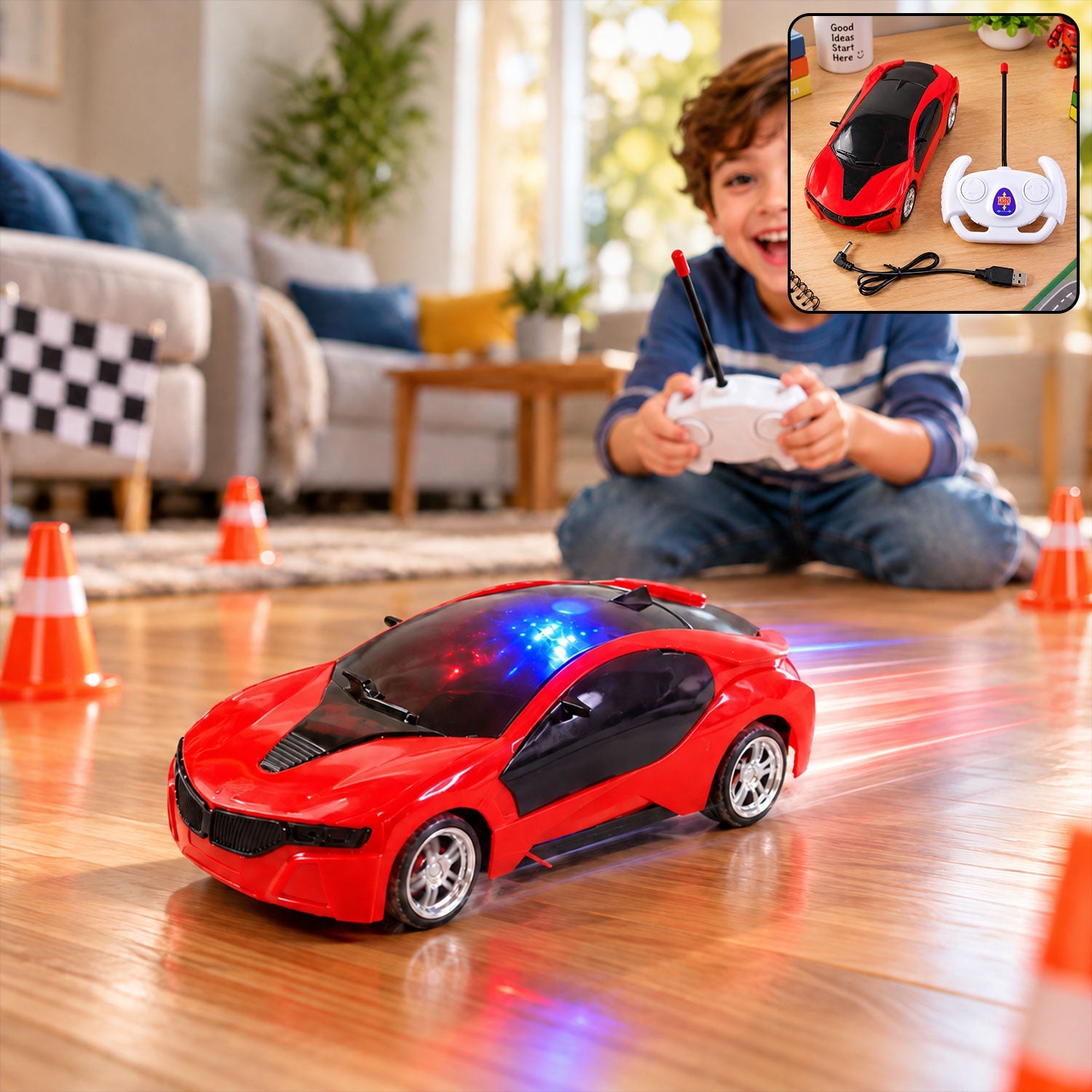 Rechargeable RC sports car toy with 3D sparkling LED lights on a white background