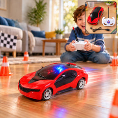 Rechargeable RC sports car toy with 3D sparkling LED lights on a white background
