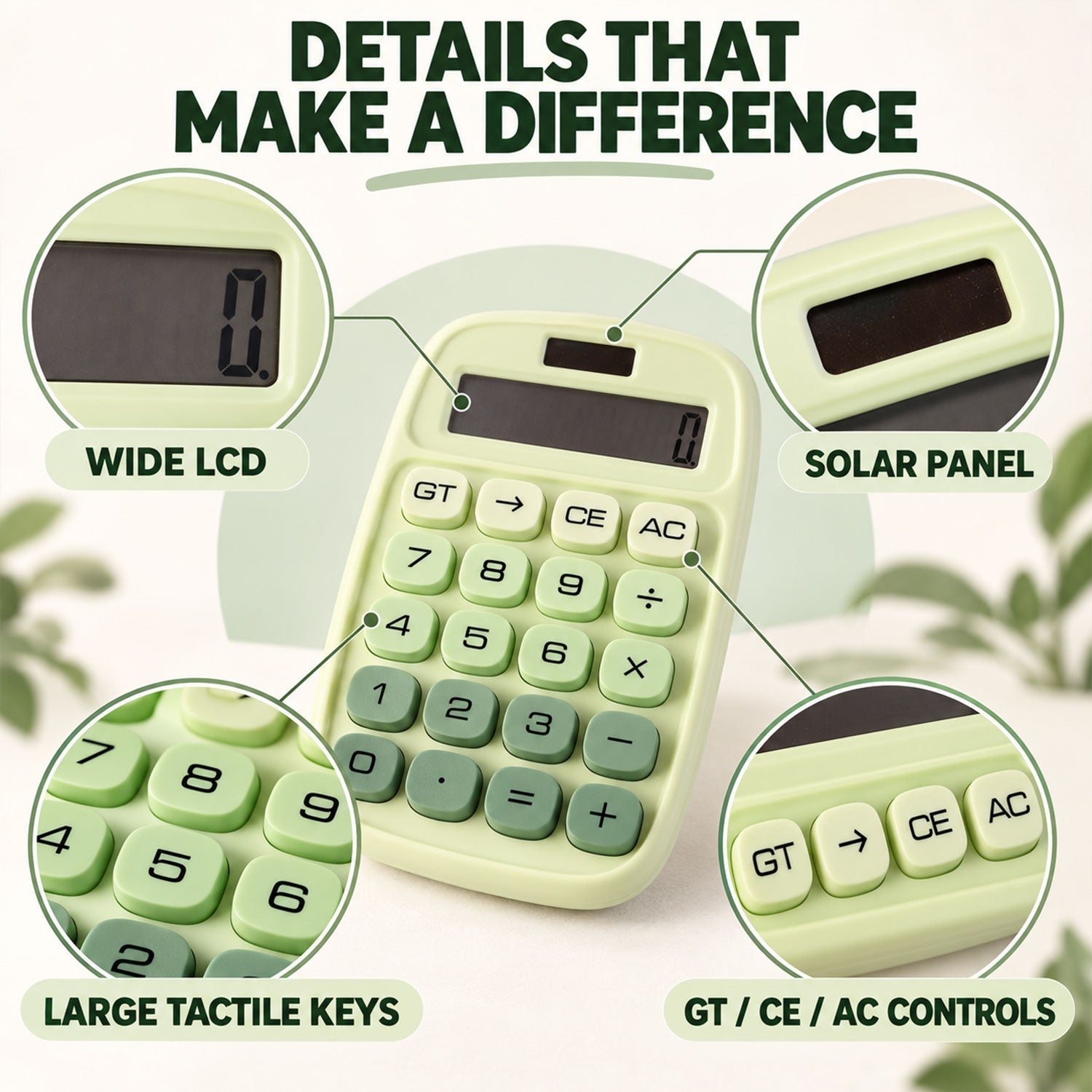 The front and back of a light green calculator are displayed, with callouts for its smooth housing, secure battery cover,