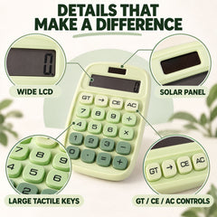 The front and back of a light green calculator are displayed, with callouts for its smooth housing, secure battery cover,