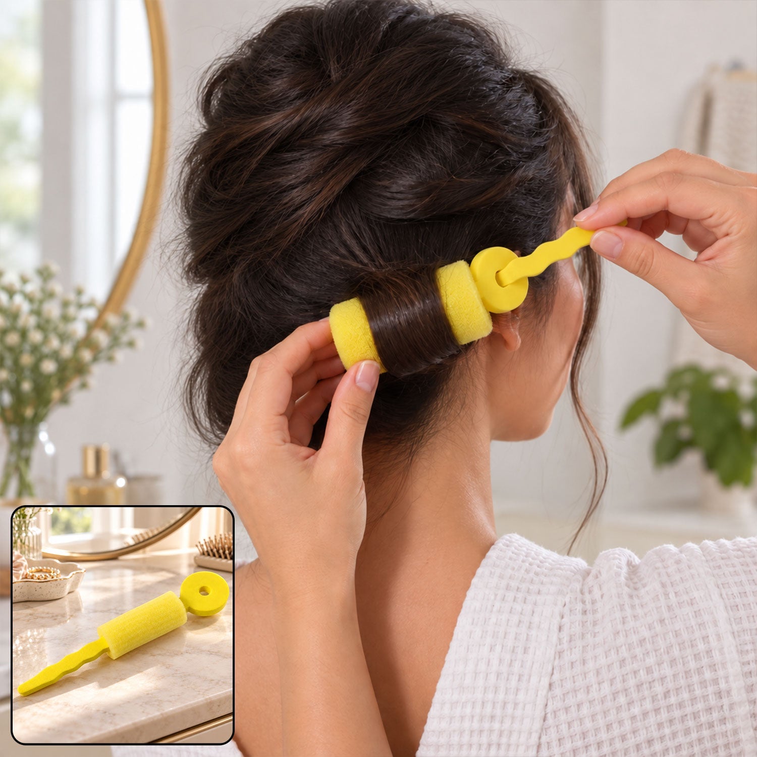 A woman with dark hair uses a bright yellow foam roller to curl a section of her hair.