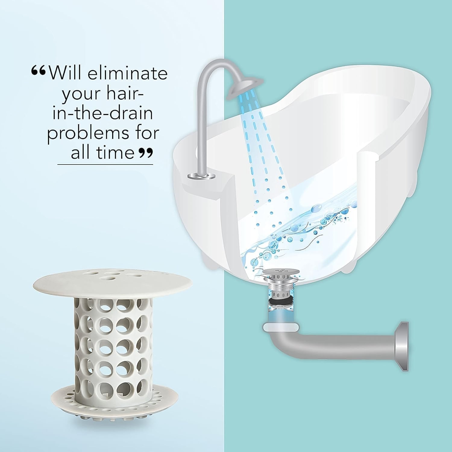 Silicone hair catcher in tub drain, trapping hair