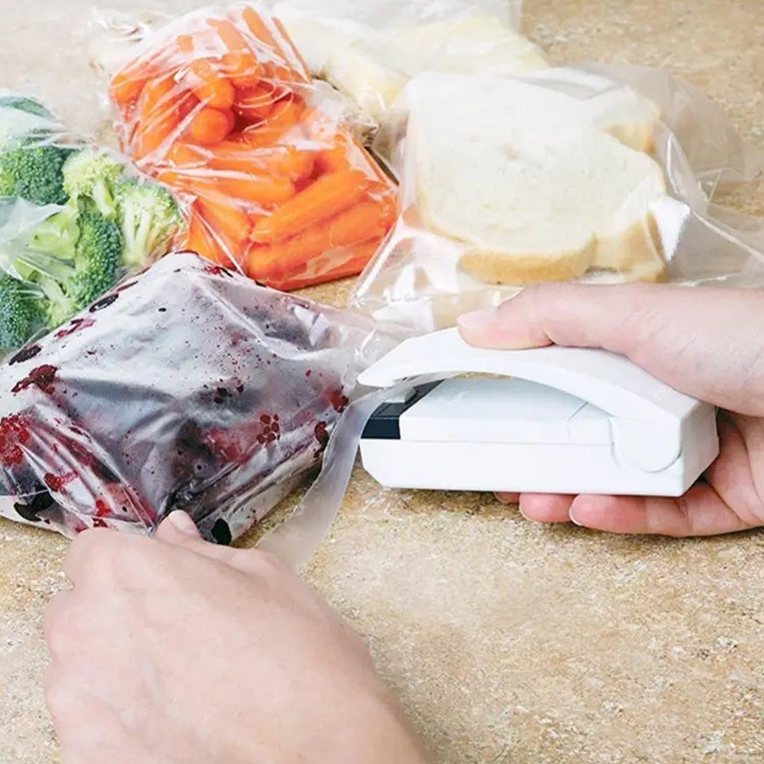 Mini heat sealer with an integrated cutter feature.