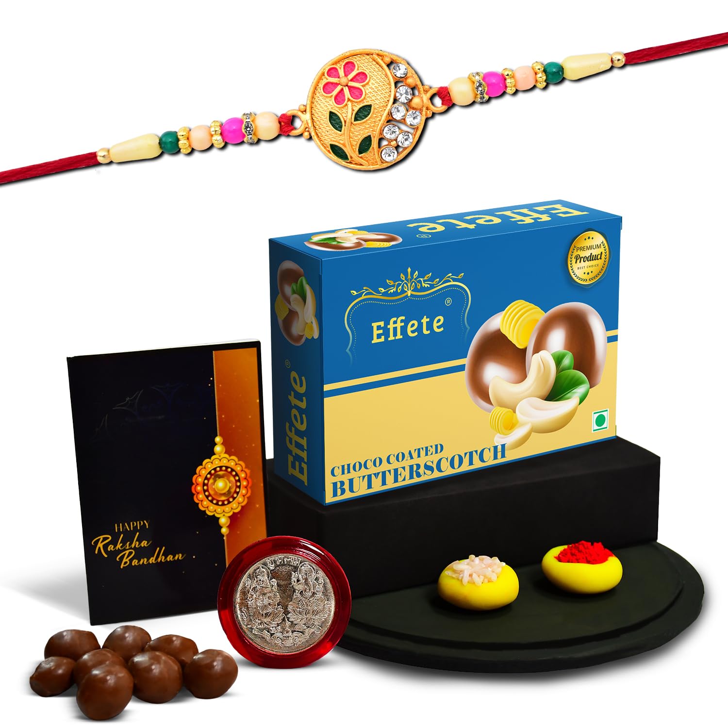 (K1_507_BS32) Rakhi Combo with Chocolate Butter Scotch 32gm, Pooja Coin & Greeting Card, Rakhi Gift Hamper, Rakhi & Chocolate for brother, Rakhi with chocolate, rakhi with gift, Rakhi Combo, rakhi set of 1 , Rakhi Chocolate Gift combo