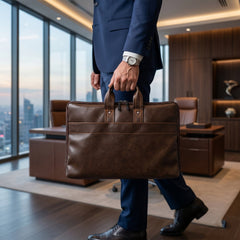 Side angle of durable leather laptop bag showing inner pocket storage