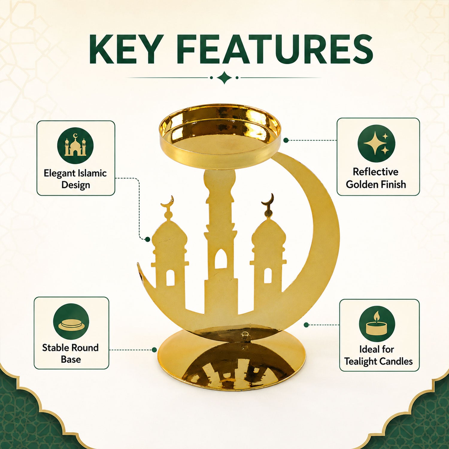 A golden metal incense holder with a crescent moon and mosque design, highlighting its elegant Islamic design, reflective
