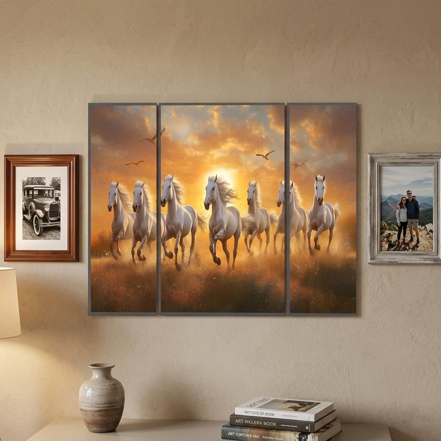Horses sunset 3 panel wall frame