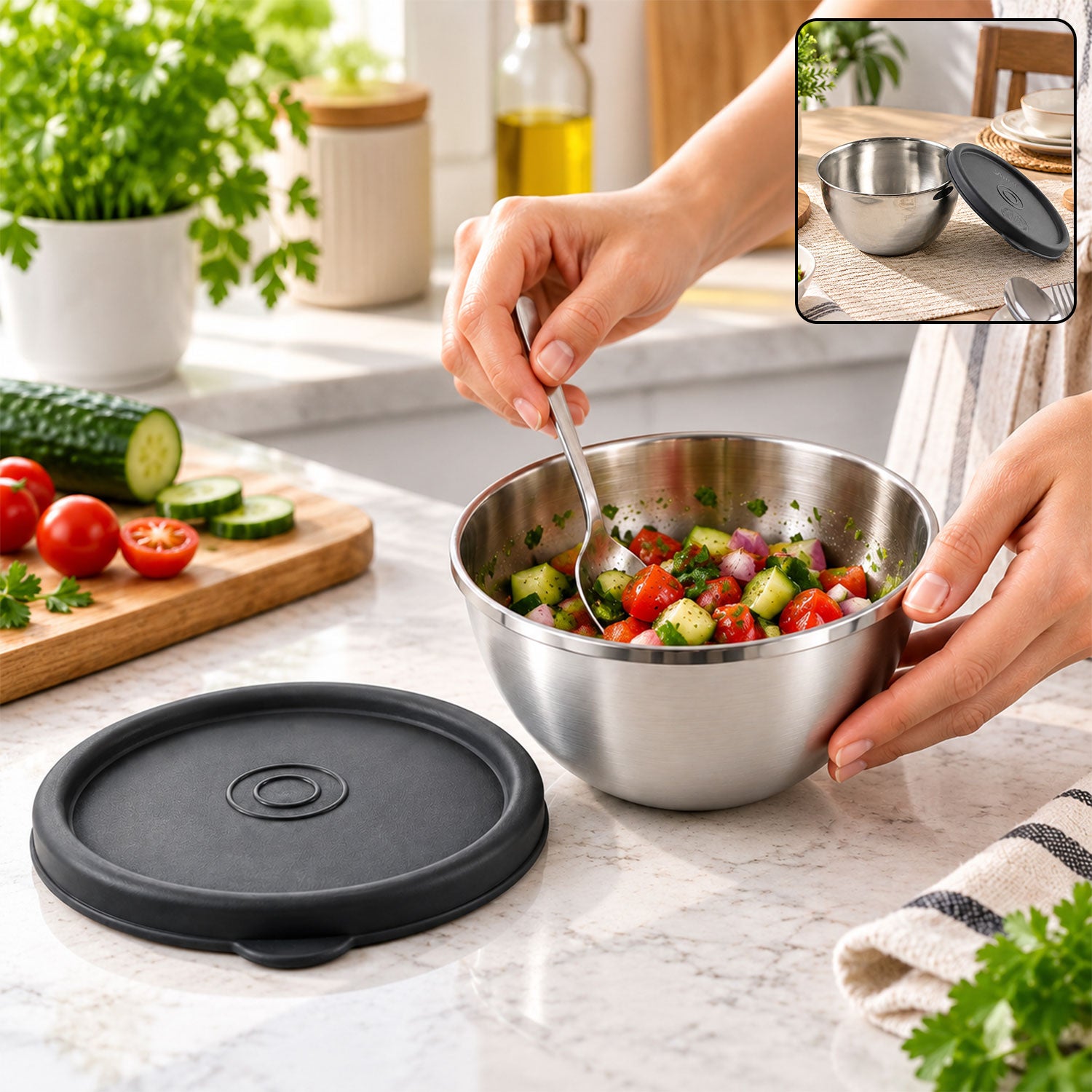 Steel food container 400ml lid round bowl
