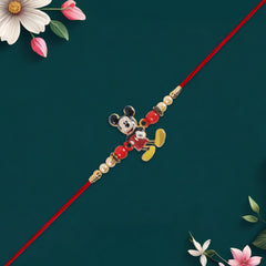 Adorable Mickey Mouse Kids Rakhi with Pearls & Golden Beads on Red Thread