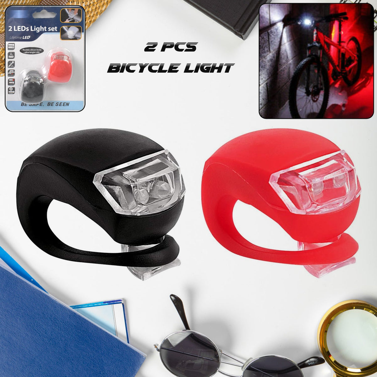 Silicone LED Bike Light Set installed on bike frame