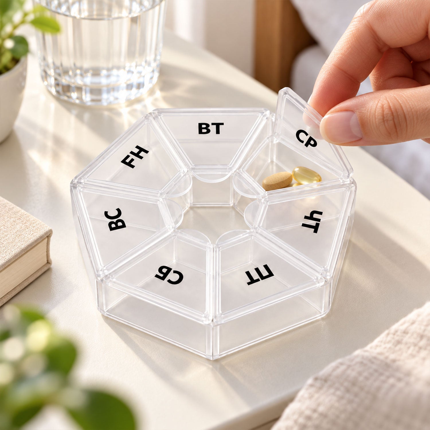 A hand places two yellow gel capsules into an empty clear hexagonal pill organizer on a bedside table.