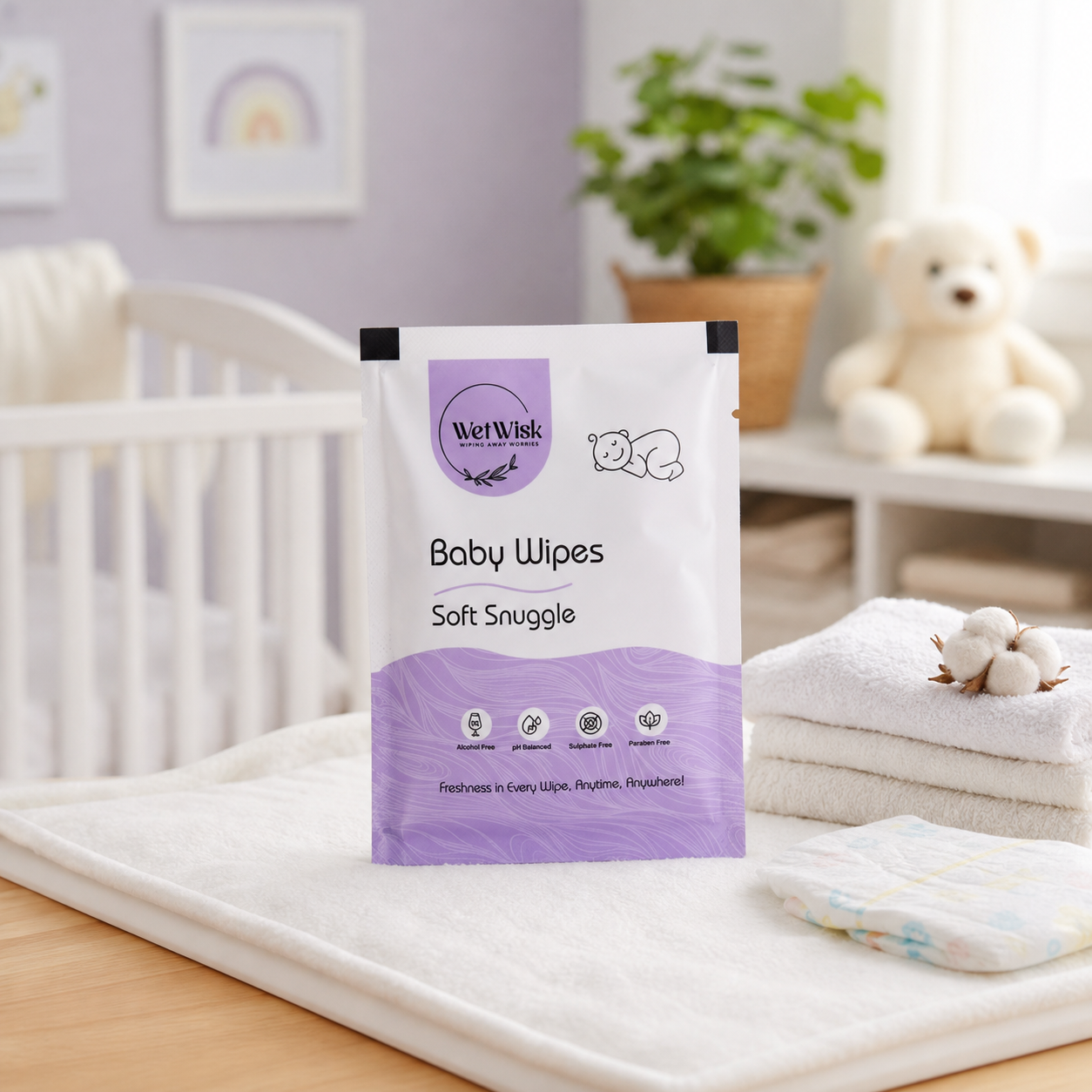 Soft snuggles baby wet wipes in nursery setting
