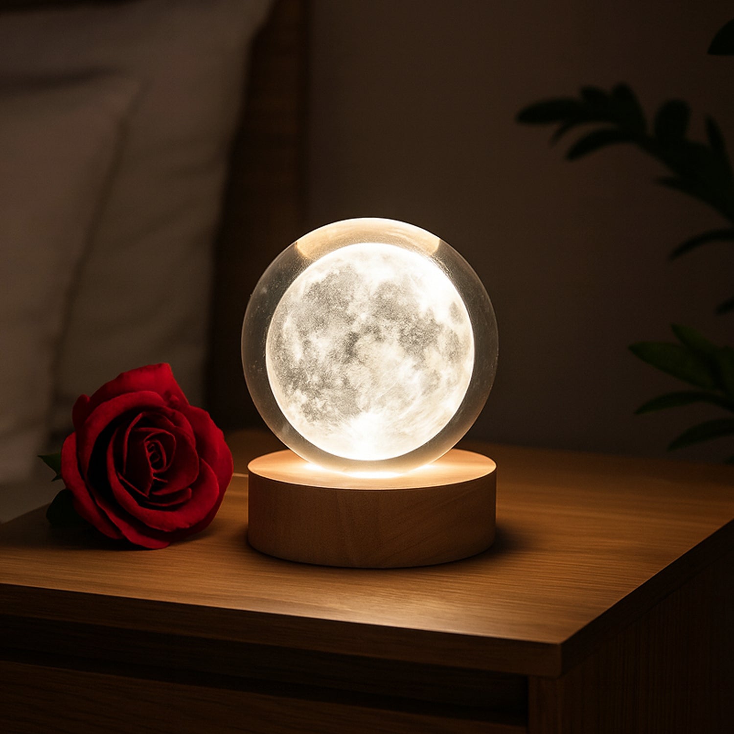 3D Crystal Ball Lamp glowing on base in bedroom setting