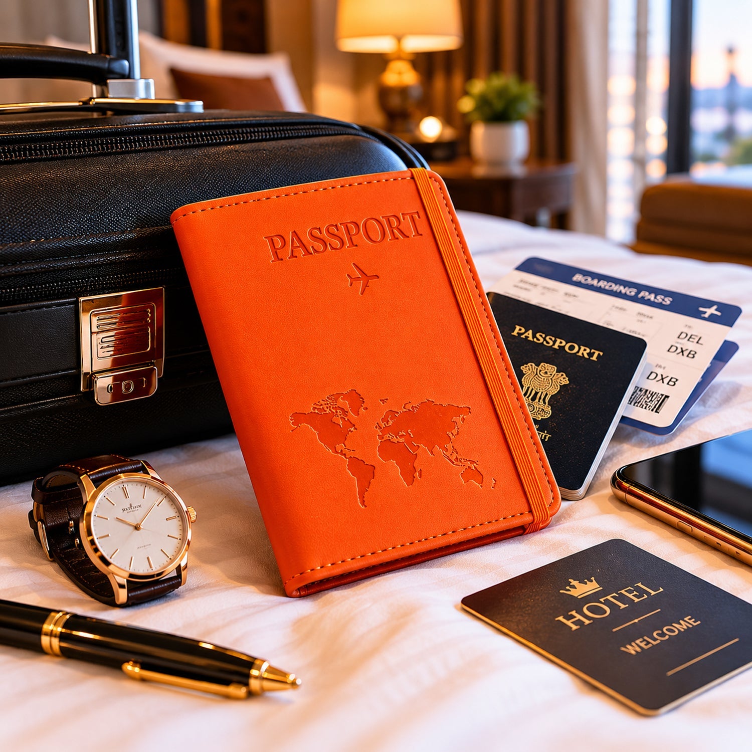 Premium travel passport holder and wallet with secure elastic band