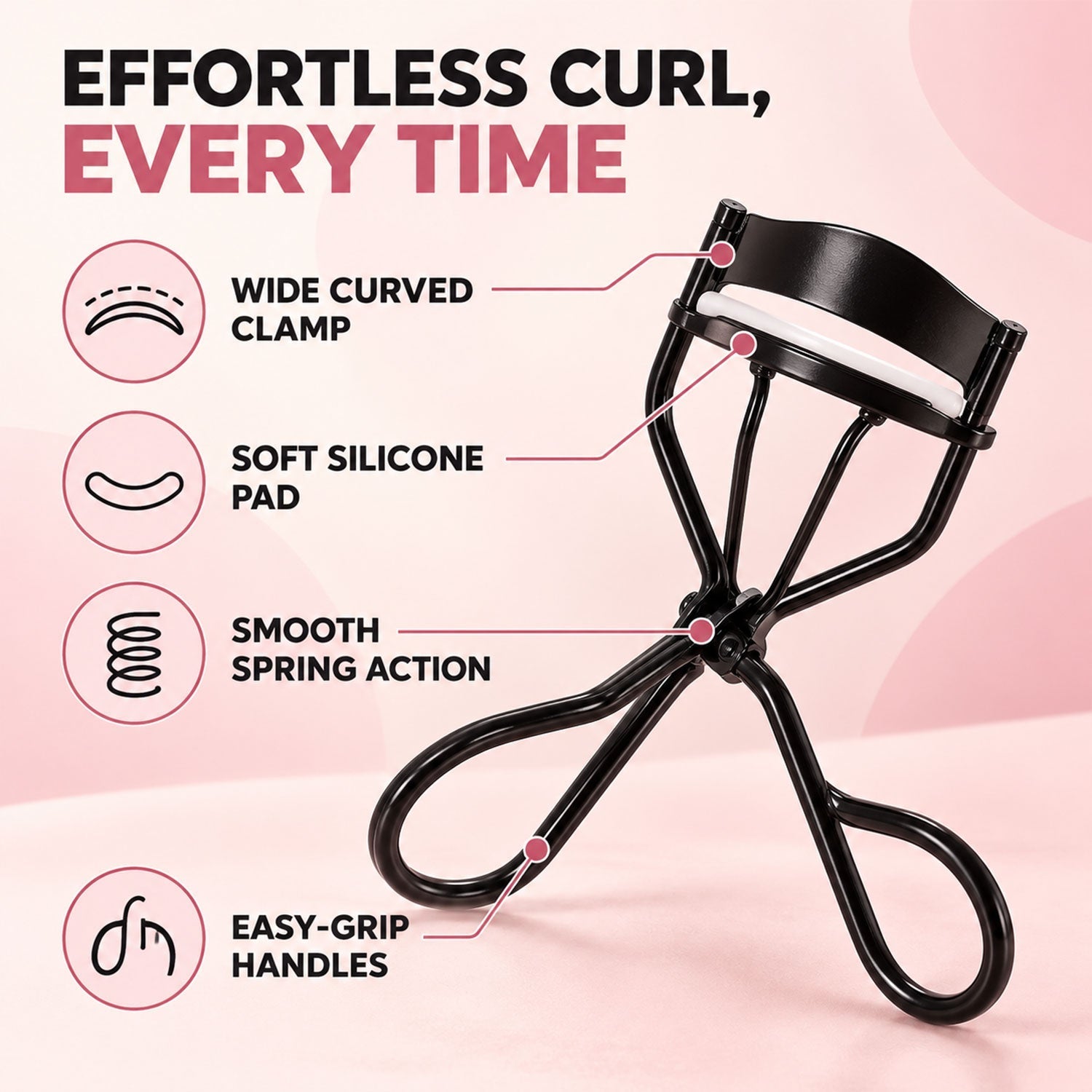 A black metal eyelash curler with a white silicone pad, showing features like wide curved clamp and easy-grip handles.