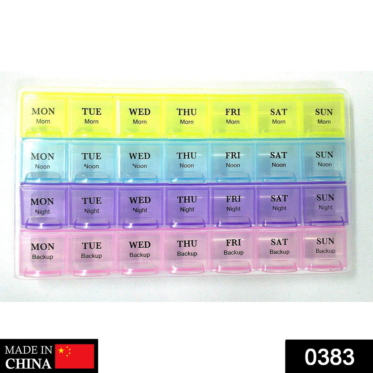 Compact pill organizer with labeled daily medication sections