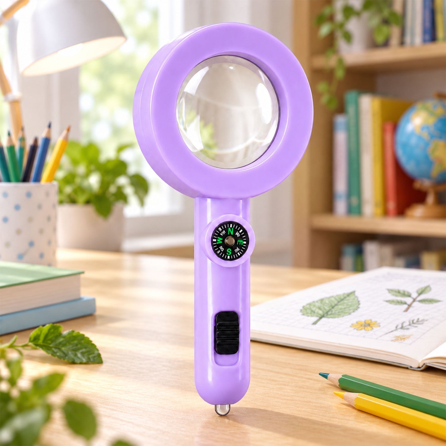 A purple magnifying glass with a compass and black switch stands upright on a wooden desk with an open book and colorful