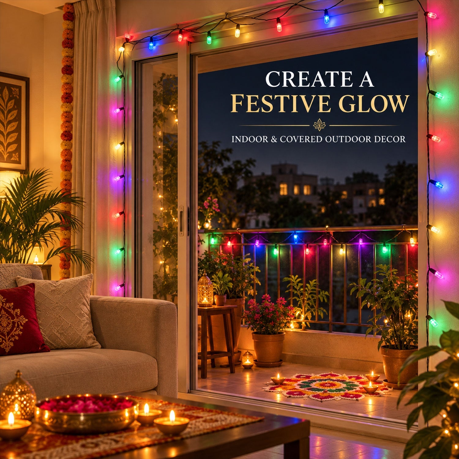 Multicolor LED string lights decorate an indoor living space and an outdoor balcony, creating a festive glow.