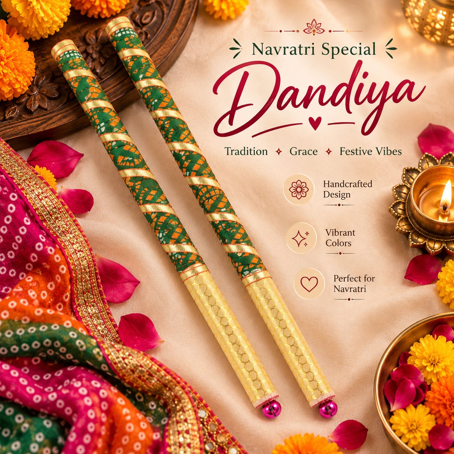 Decorative Wooden Base Dandiya Sticks with Bells for Navratri Garba Dance (2 Pc)