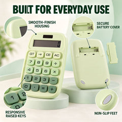 A light green calculator with dark green buttons and a black display screen is centered on a white background.