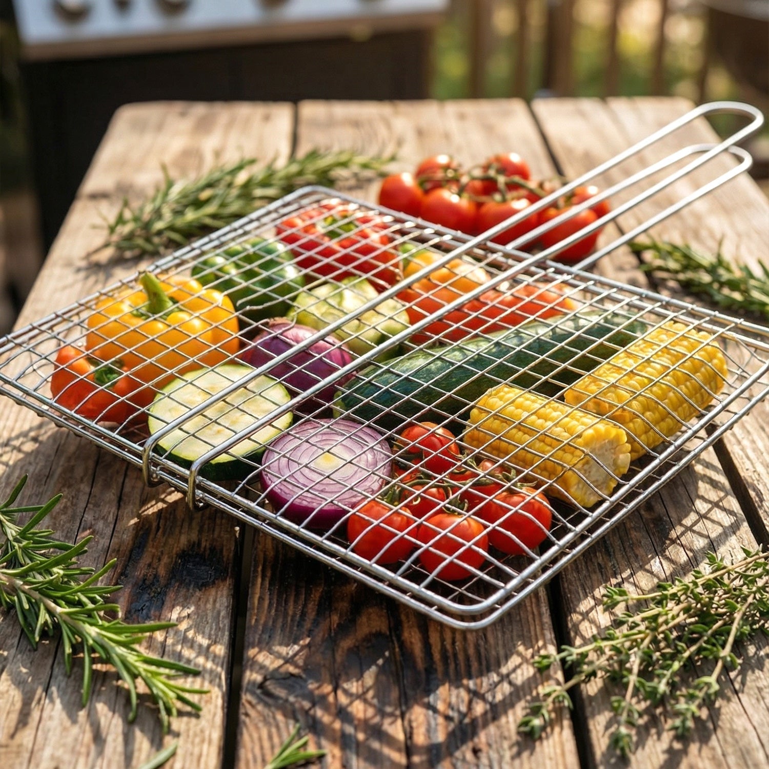 Outdoor barbecue grill basket on grill with food