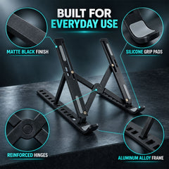 A black aluminum alloy laptop stand with silicone grip pads and reinforced hinges, detailed with a matte finish.