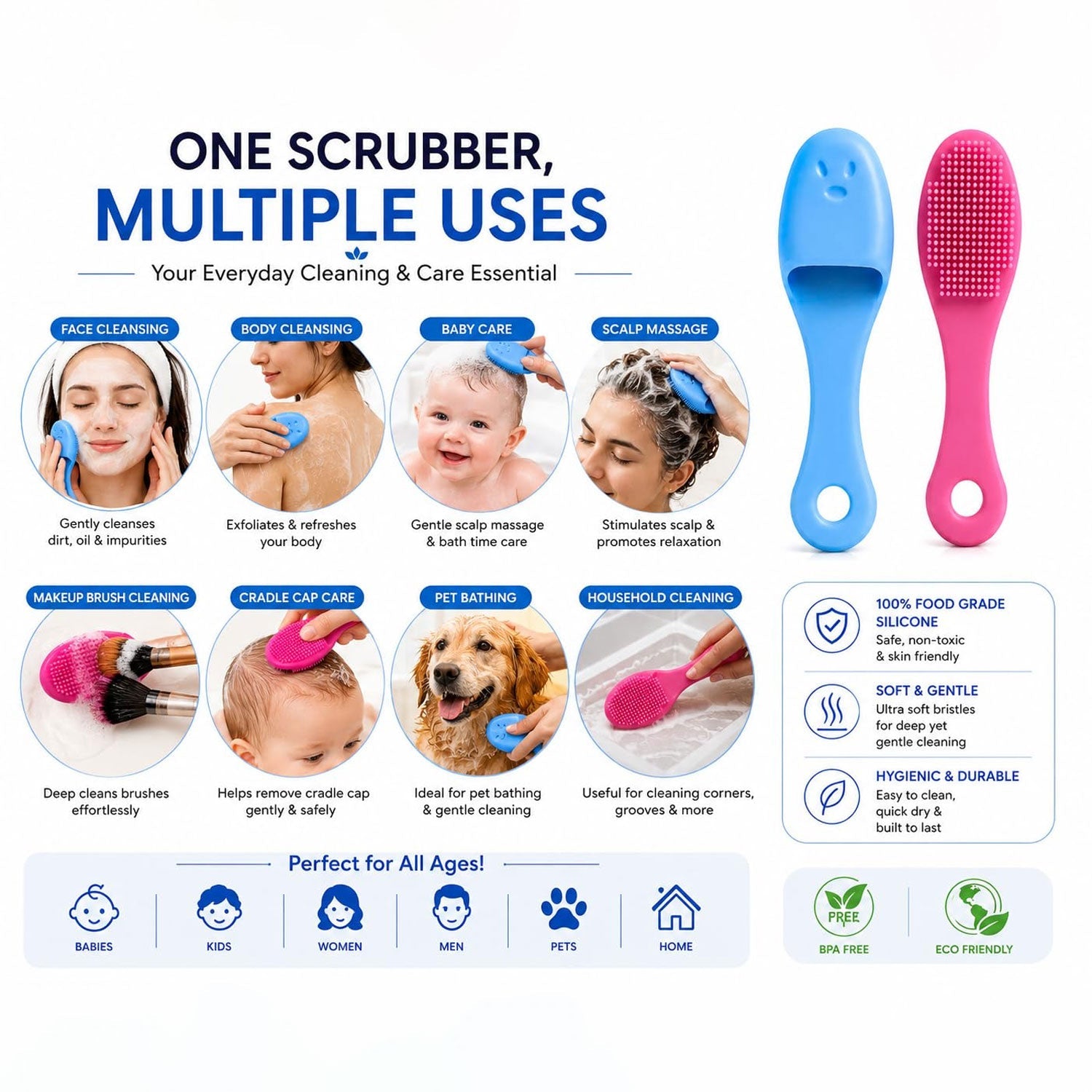 An infographic displaying various uses for the blue and pink silicone scrubbers, including face, body, and baby care.
