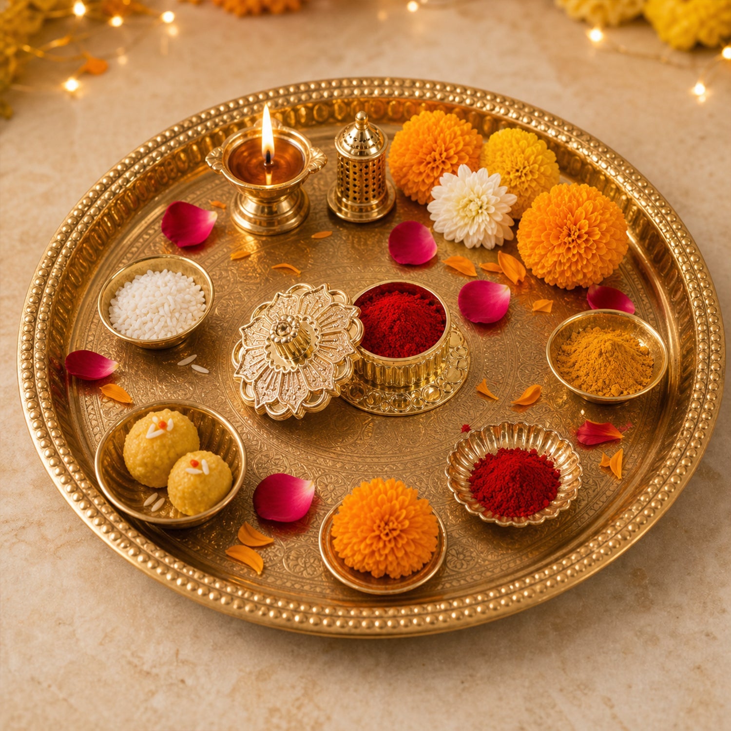 Top view of golden decorative kankavati showing lid detail
