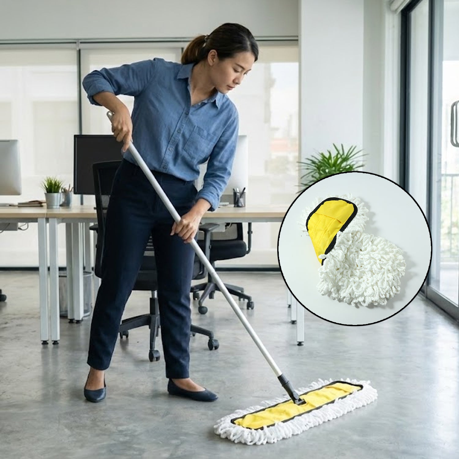 Replacement mop head attached to mop handle