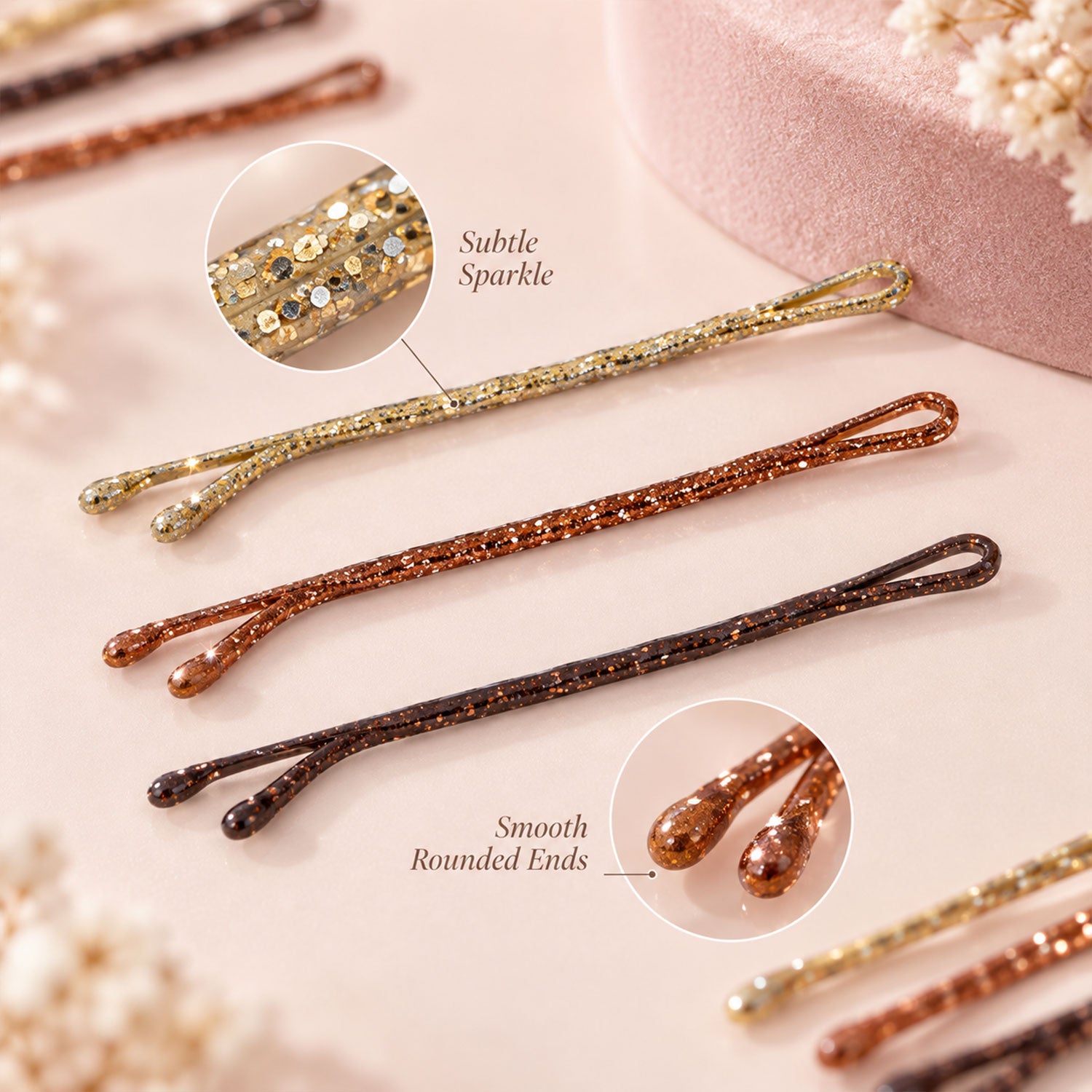 Three glitter bobby pins in gold, copper, and dark brown, with close-ups of their sparkle and rounded ends.