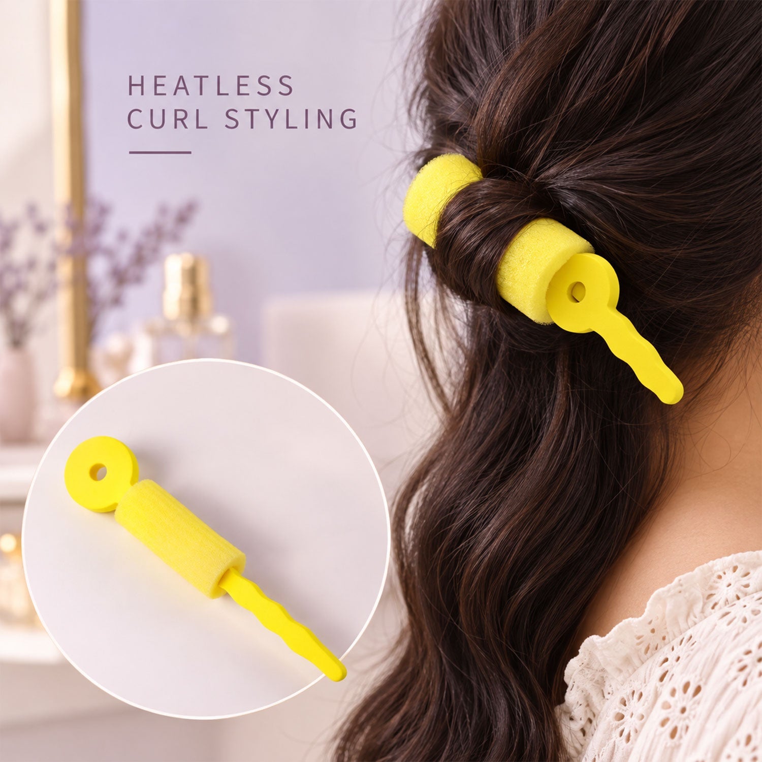A yellow foam hair roller is shown in a circular inset next to a woman with curled hair.
