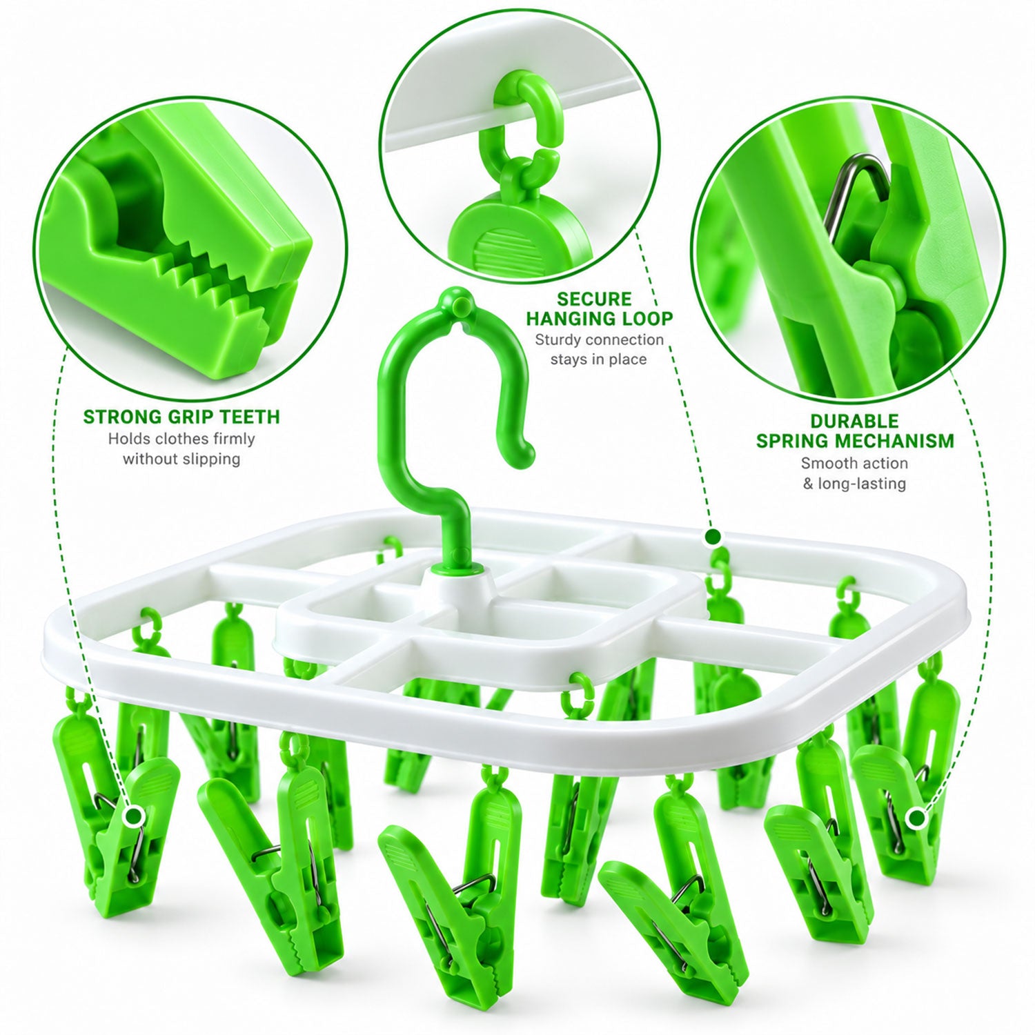Close-up view of the white and green drying rack highlighting its strong grip teeth and spring mechanism.