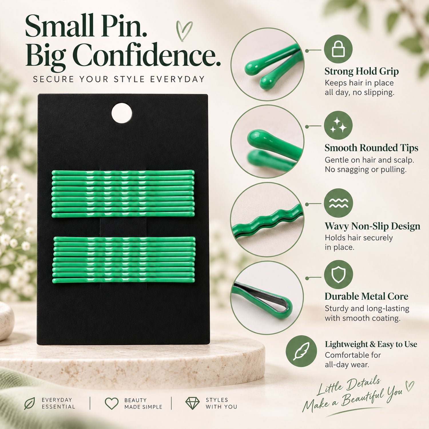 A black card holds green metal bobby pins, with detailed callouts highlighting their smooth rounded tips, wavy non-slip