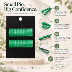 A black card holds green metal bobby pins, with detailed callouts highlighting their smooth rounded tips, wavy non-slip