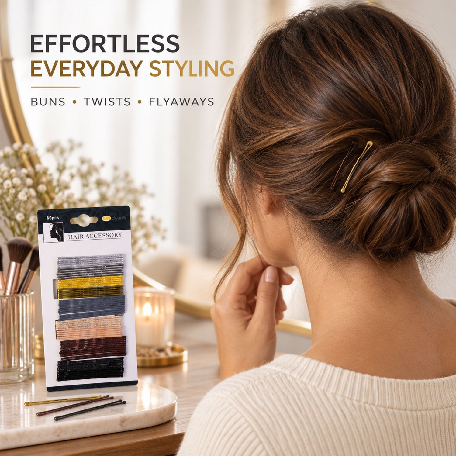 A woman with brown hair has a gold hairpin in a bun, with a package of hairpins on a vanity.