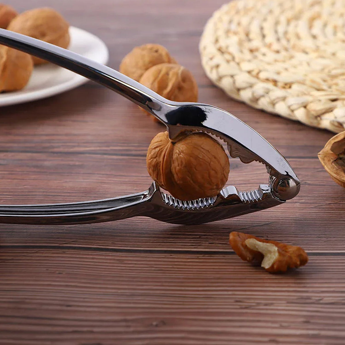Luxury stainless steel walnut cracker, top-down view