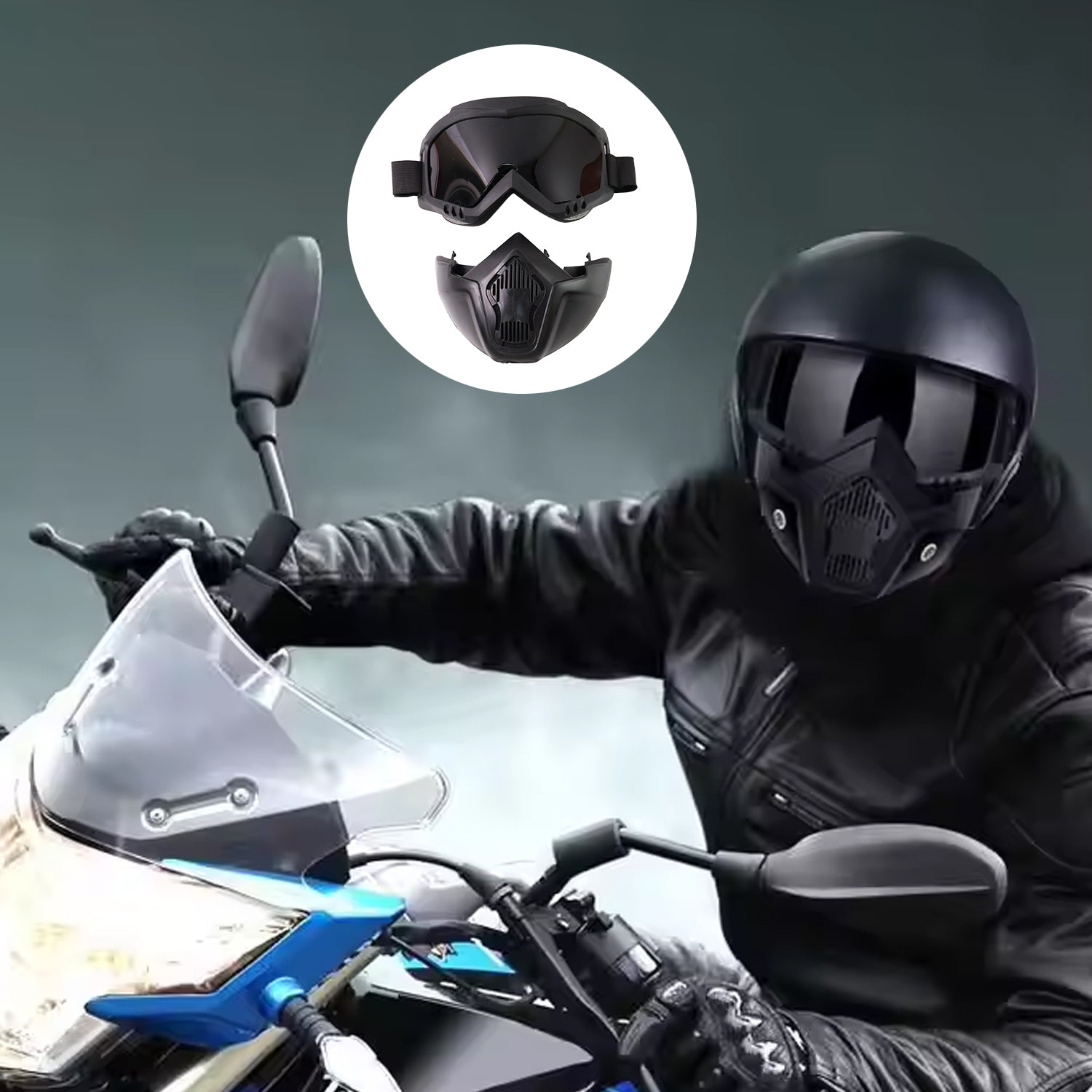RaceVault motorcycle goggles with mask angled view