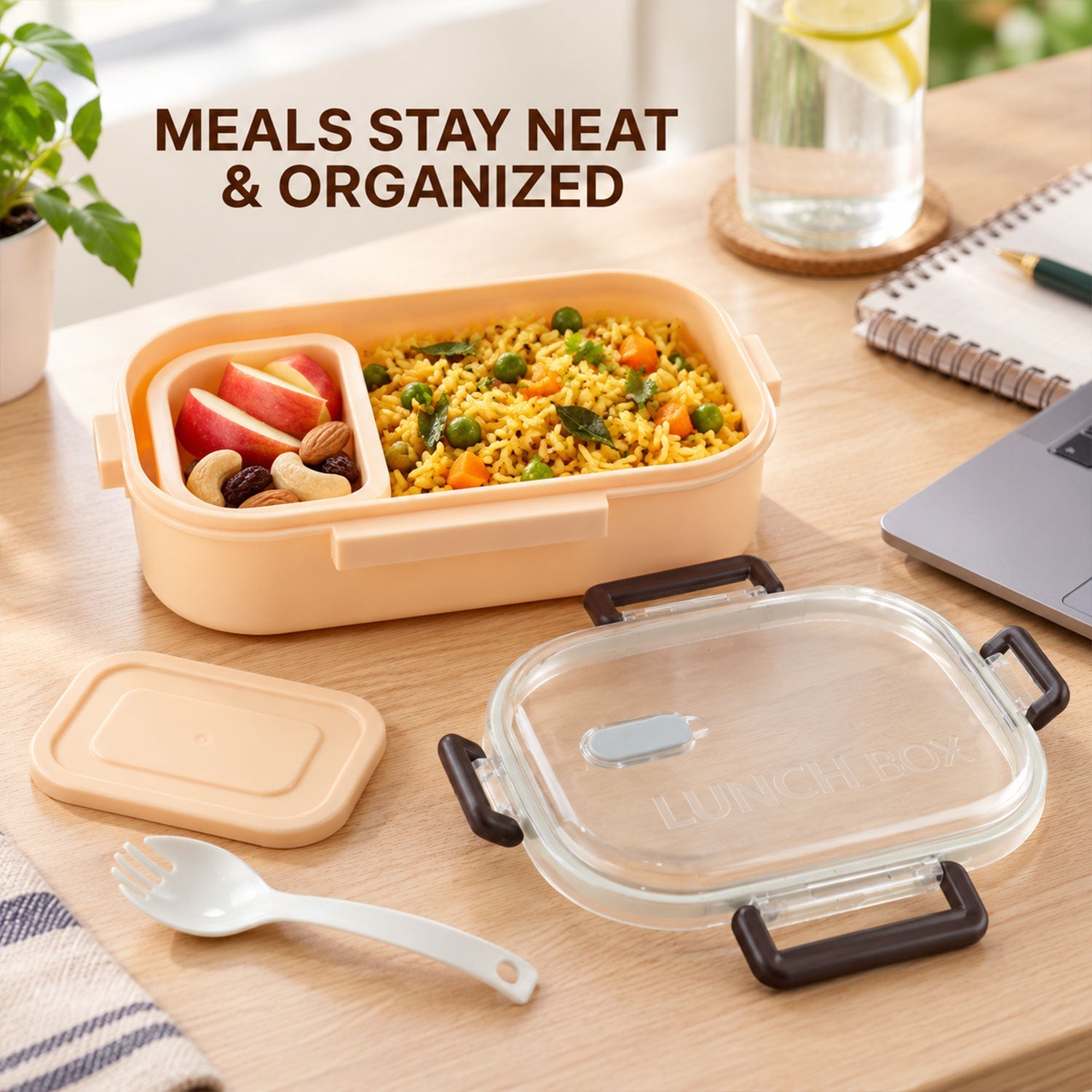 A peach lunchbox with a clear lid, a white fork-spoon, and a small inner container filled with rice and nuts.