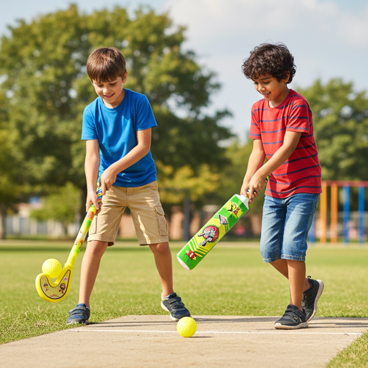 Hockey stick and ball included in kids combo sports set
