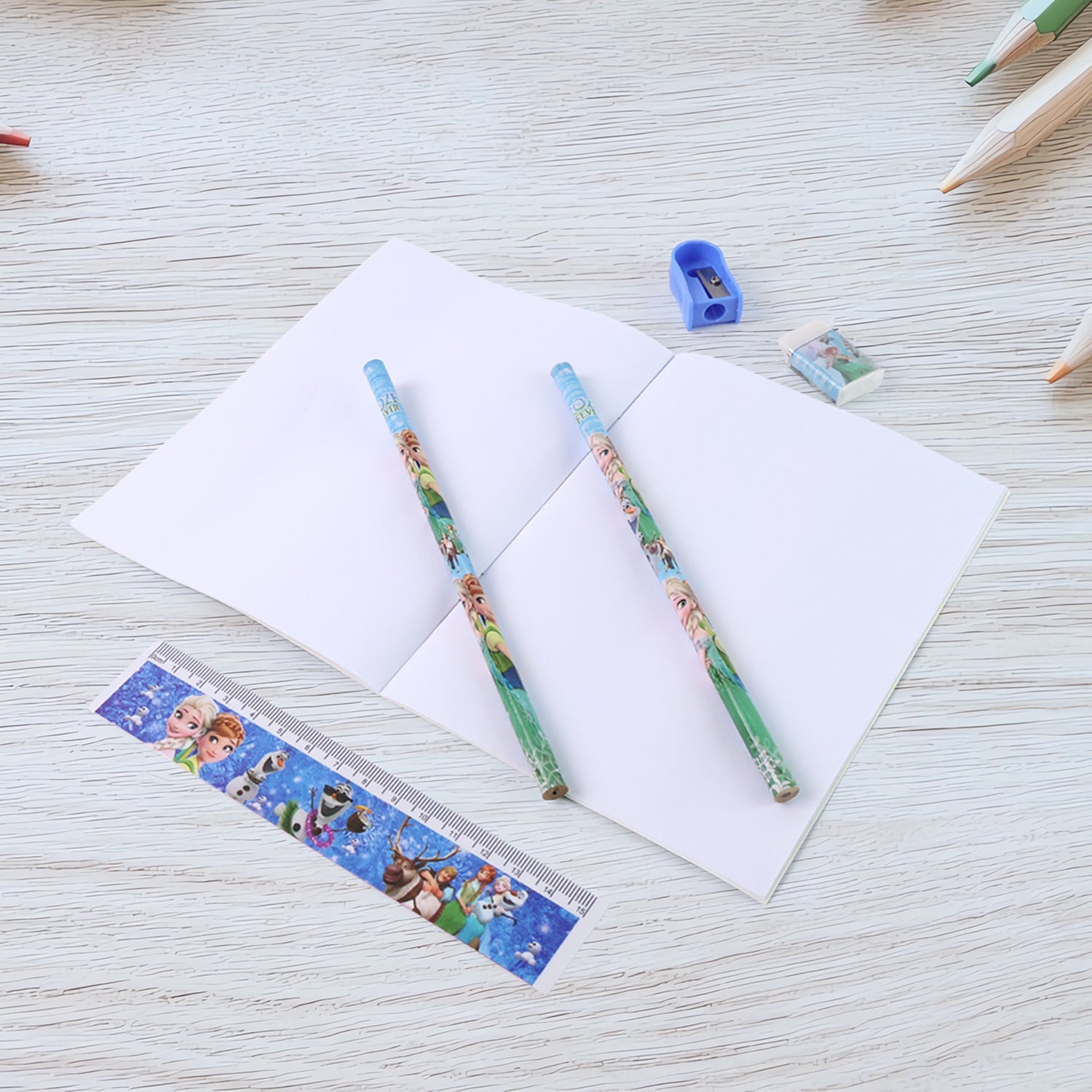 Close-up of the cartoon-themed eraser & ruler from the stationery set