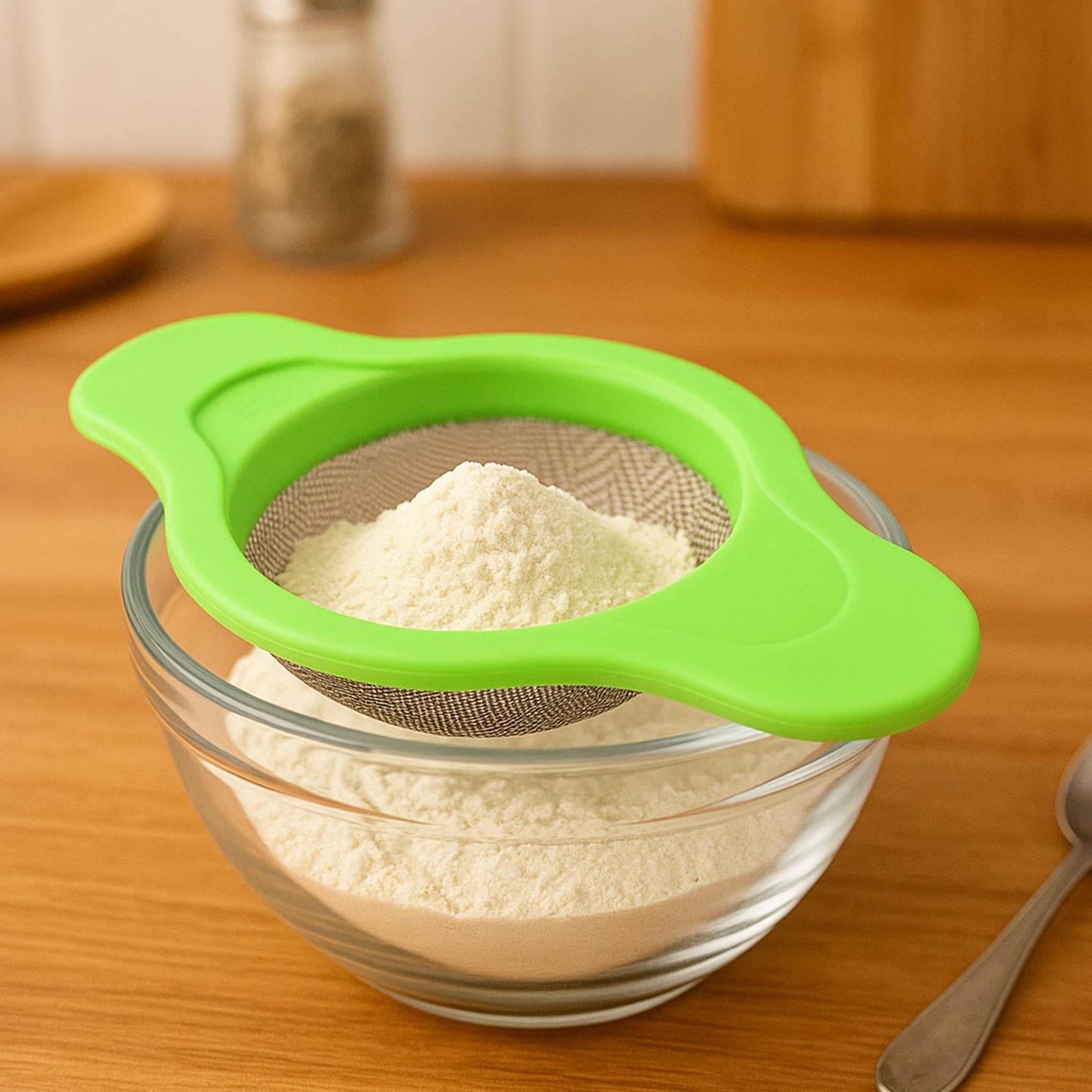 Mesh strainer side view with handles