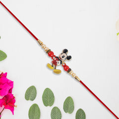 Adorable Mickey Mouse Kids Rakhi with Pearls & Golden Beads on Red Thread