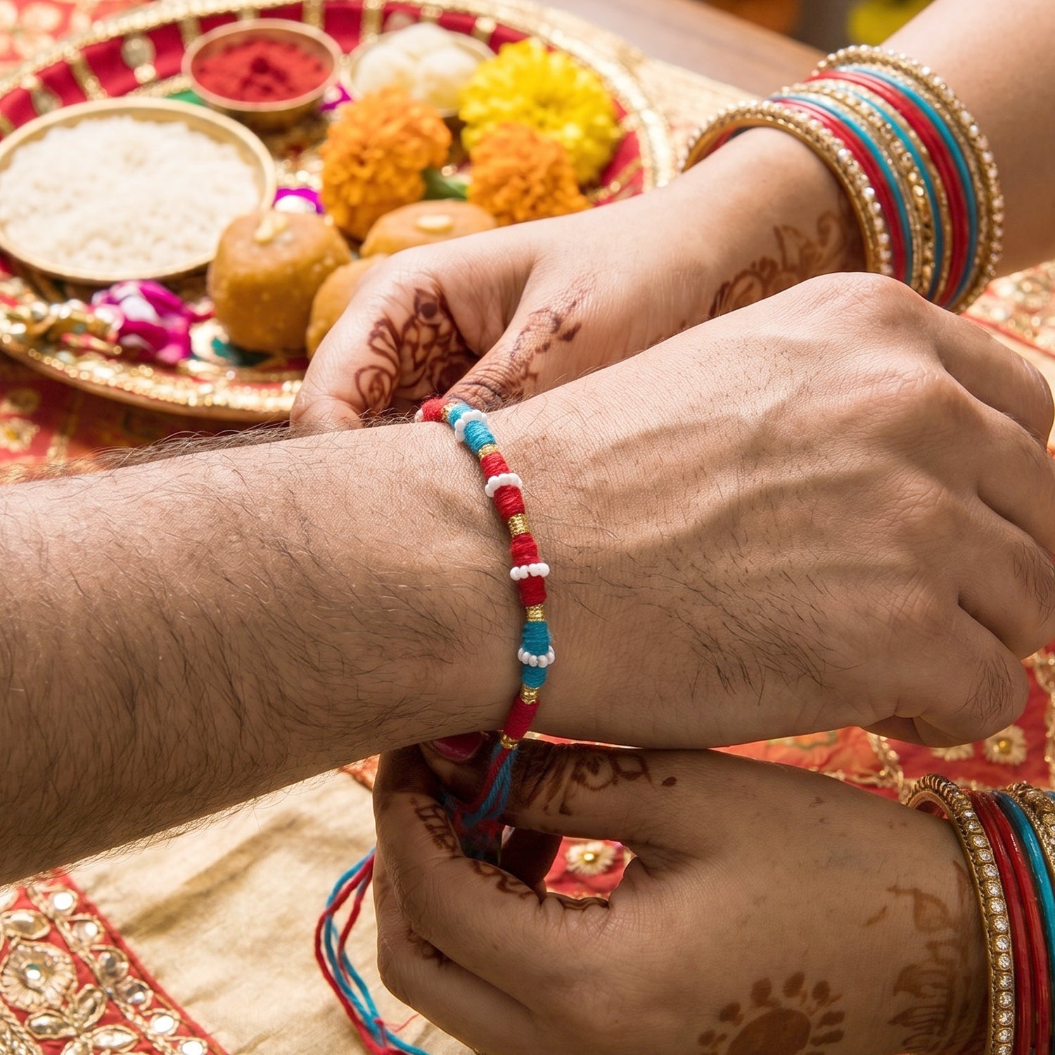 Handmade Blue and Red Thread Bracelet Rakhi (1 Pc)