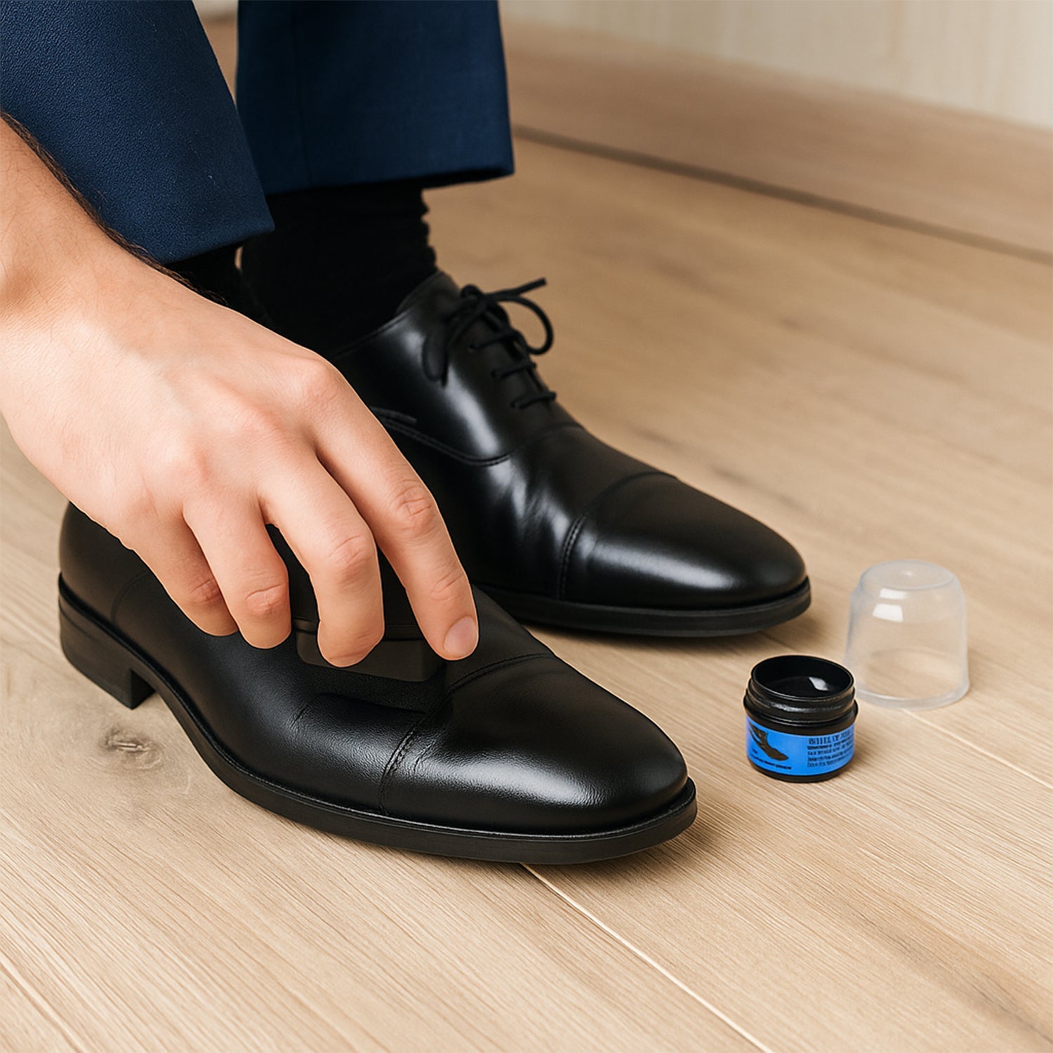 Instant shoe shine sponge in compact plastic box