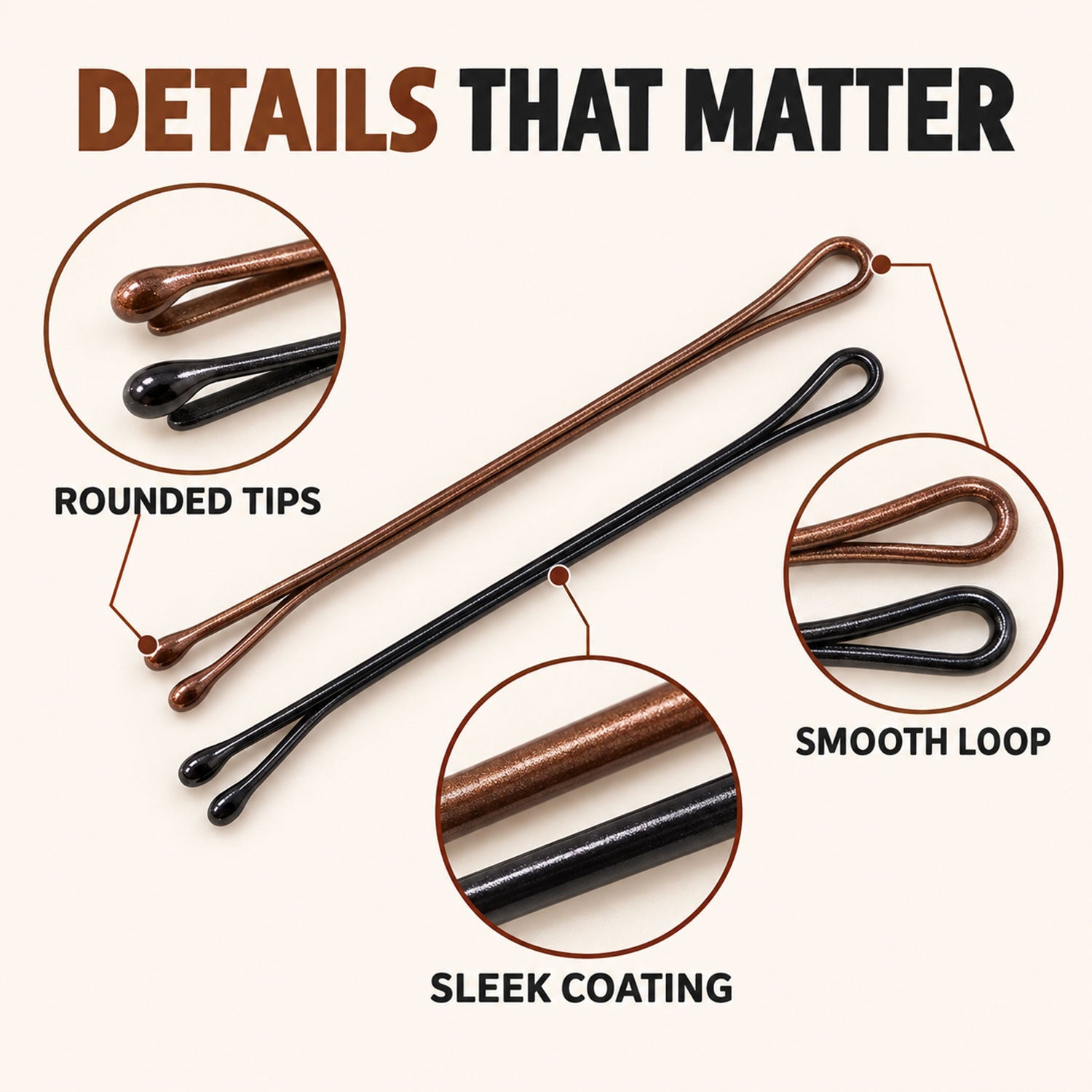 Close-up view of a brown and a black bobby pin, highlighting their rounded tips, smooth loops, and sleek coating.