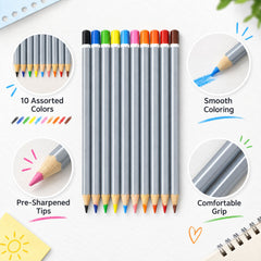A grid of four circular insets highlights features of the gray hexagonal pencils, including assorted colors and