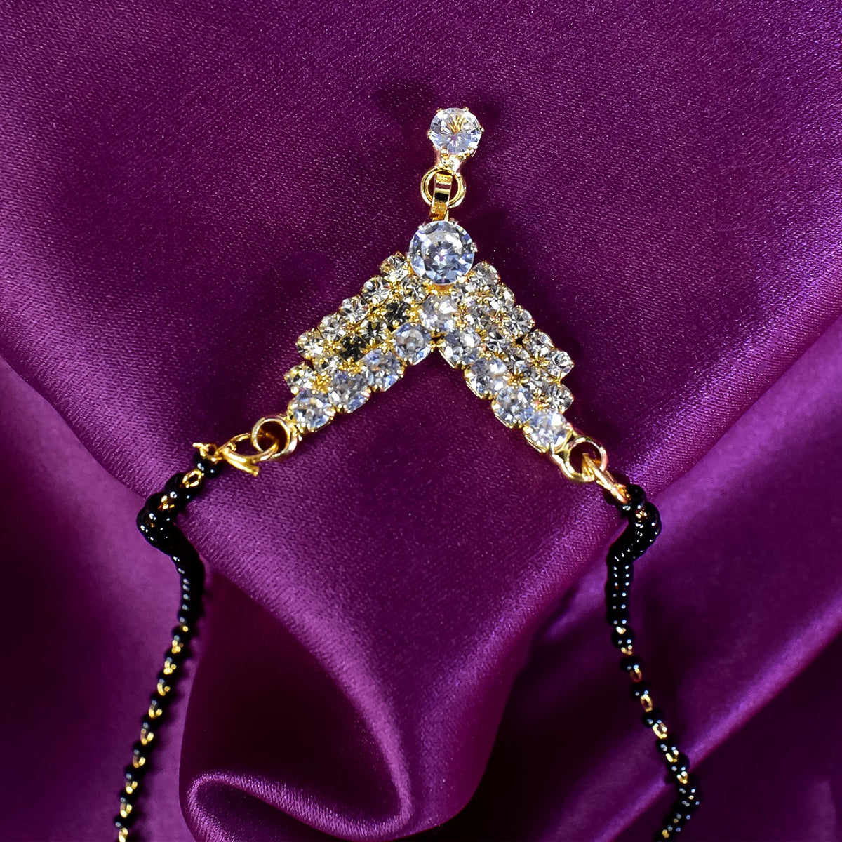 Short Gold-Plated Mangalsutra Necklace â€“ Single Line Diamond & Black Bead Chain for Women